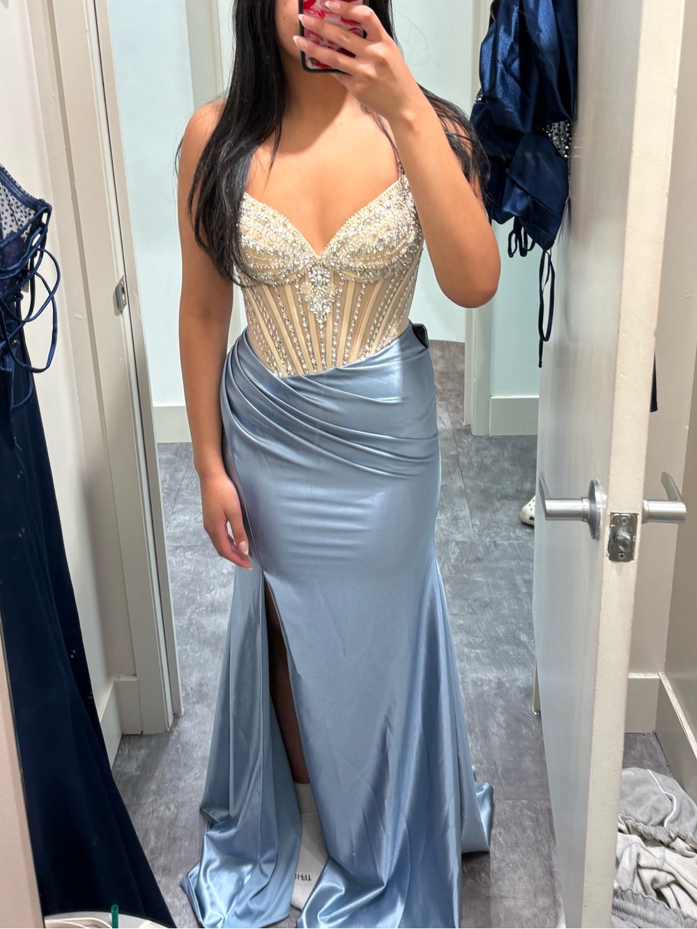 Windsor Ivory Beaded Corset with Light Blue Satin Skirt Prom Dress - Picture 1 of 3